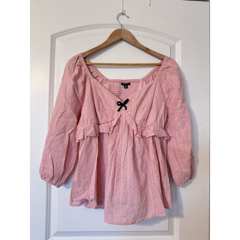 Torrid Baby Pink Smocked Babydoll 3/4 Sleeve V-Neck Top 00 Women's 10 Coquette
